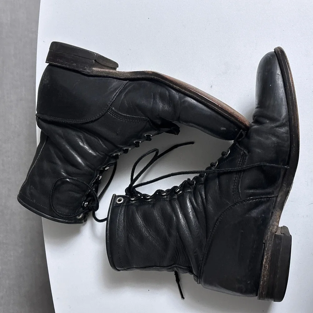 Vintage Justin Lace Up Boots 8.5 D Black Leather Kiltie Work Packer Conductor